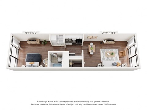 Floor plan for 1 bed, 1 bath, 610 sqft